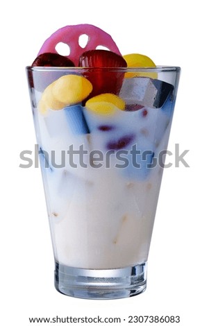 Chinese dessert. Consisting of grass jelly, lotus root, longan, water chestnut, jujube, ginkgo, millet, red bean. Illustration for food, dessert, drink, beverage isolated on white background.