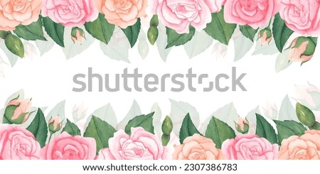 watercolor pink peach pastel roses frame with leaves and bud. illustration for greeting cards, invitations, birthday party. Isolated on white background