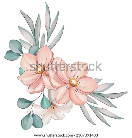  Watercolor floral bouquet with green leaves, pink flowers, leaf branches, for wedding invitations, greetings, wallpapers, fashion, prints. Eucalyptus, rose, peony