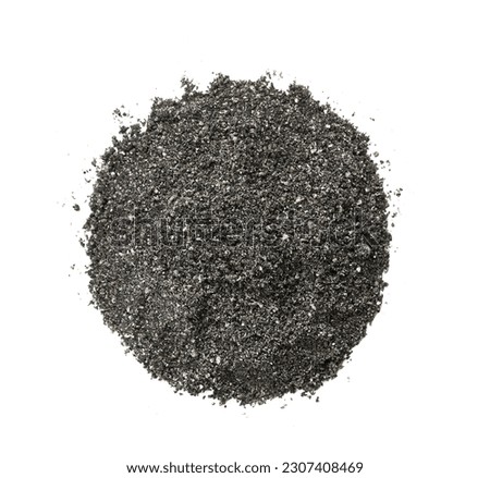 top view flat lay overhead black sesame powder isolated on white background. pile of black sesame powder isolated. heap of black sesame powder isolated                                     Royalty-Free Stock Photo #2307408469