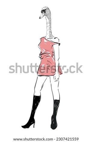 The girl with the head of a swan. Hand drawn vector fashion illustration.