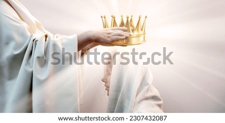 Retro old jew biblic faith happy male leader Lord priest ruler man arm give young lady hold gold tiara above veil cloth. Noble best win devot trophy smile joy face pray bible belief reign hero concept Royalty-Free Stock Photo #2307432087