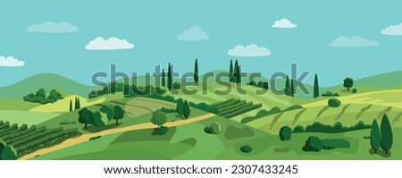Summer rural landscape with green hills, vineyards, and fields. Vector illustration. Flat design banner. European summer Royalty-Free Stock Photo #2307433245