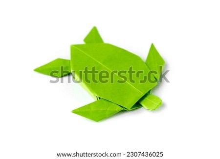 Green paper turtle origami isolated on a blank white background