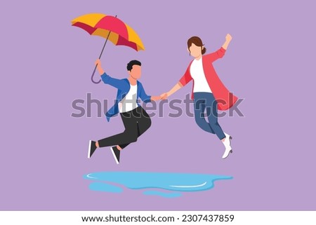 Character flat drawing of couple in love walking under rain with umbrella. Man and woman walking along city street and jumping. Married couple romantic relationship. Cartoon design vector illustration