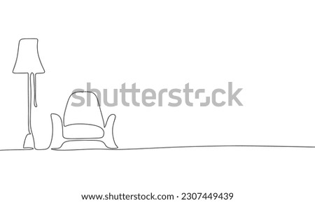 Lamp and armchair, modern interior. Continuous line one drawing. Vector illustration. Simple line illustration.