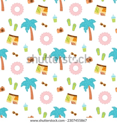 vector seamless pattern with summer elements, cute flat background for kids with palm tree, swim shorts, flip flops, sunglasses and inflatable ring, vacation beach print