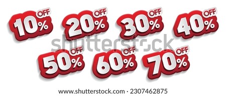 Discounts numbers of percent sign in red and white colors isolated on white background, from 10% to 70% discounts. Royalty-Free Stock Photo #2307462875