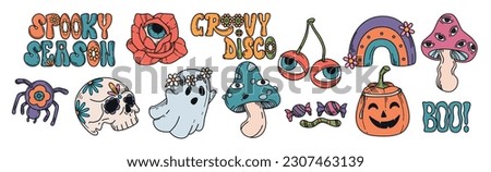 Vector set of hand drawing groovy halloween colorful stickers. Psychedelic collection of hippie color design elements. Mushrooms, spider, pumpkin, rainbow, cherry with eyes, skull on white background