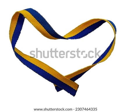 love for Ukraine , isolated blue and yellow Ukraine tape in a shape of heart isolated on white background with copyspace inside, national Ukraine colors in a band in form of heart
