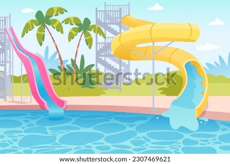 Water amusement park landscape with waterslides vector illustration. Cartoon red and yellow beach pool plastic slides, trampolines and screw pipe tunnels for swimming, summer waterpark attraction Royalty-Free Stock Photo #2307469621