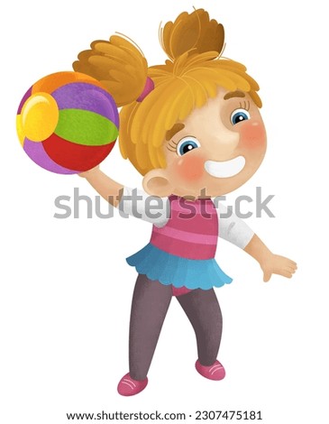 cartoon scene with young girl having fun playing dancing with colorful ball ballet leisure free time isolated illustration for kids