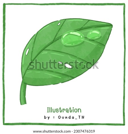 Green leaf with dew drops. leaves isolated on white background. Hand drawn cartoon illustration. Royalty-Free Stock Photo #2307476319