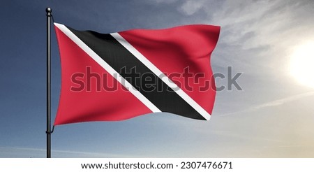 Trinidad and Tobago national flag cloth fabric waving on beautiful grey sky Background.
