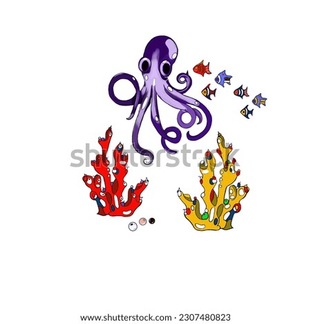 sea set, octopus and corals in the depths of the ocean, fish, on a white background, drawn by hand, perfect for the design of postcards, booklets, clothes, dishes