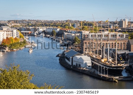 Bristol waterfront and cityscape in England, featuring Bristol Harbourside, Spike Island, Bristol Feeder Canal and Brunel's SS Great Britain museum ship Royalty-Free Stock Photo #2307485619