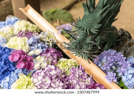 A picture of a chozuya with hydrangea flowers