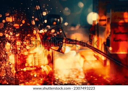 pumping gasoline fuel in a car at a gas station. Fire effect. Royalty-Free Stock Photo #2307493223