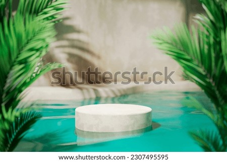 
Tropical summer background with concrete podium in pool water and palm leaf shadow. Luxury hotel resort exterior for product placement. Cylinder stand in resort hotel villa poolside. Royalty-Free Stock Photo #2307495595