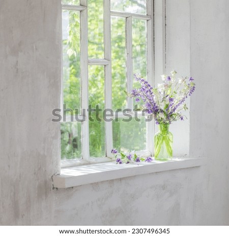 summer flowers in vase on windowsill in sunlight Royalty-Free Stock Photo #2307496345