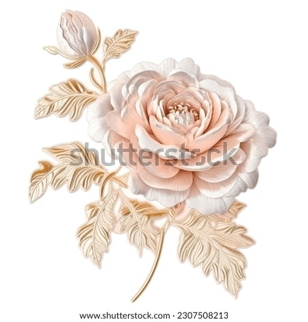 Elegance 3d roses flowers. Embroidered rose flowers, gold leaves. Embroidery floral vector background illustration. Tapestry beautiful stitch textured flowers. Stitching lines surface texture.