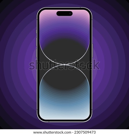 iPhone 14 pro outline vector illustration with a gradient purple to black background, displaying futuristic wallpaper. Suitable for educational, work, and commercial purposes.