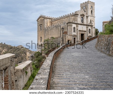 View of the Church of San Nicolo in Savoca village, the filming location of the wedding scene in "The Godfather" movie, Sicily, Italy  Royalty-Free Stock Photo #2307526331