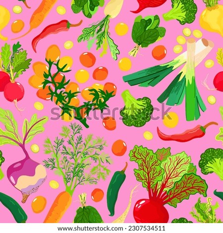 Summer vegetables and greenery on pink background. Vector seamless bright pattern.  Royalty-Free Stock Photo #2307534511