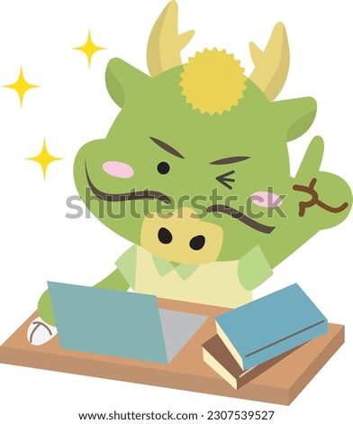 A dragon pointing at a point while working on a computer