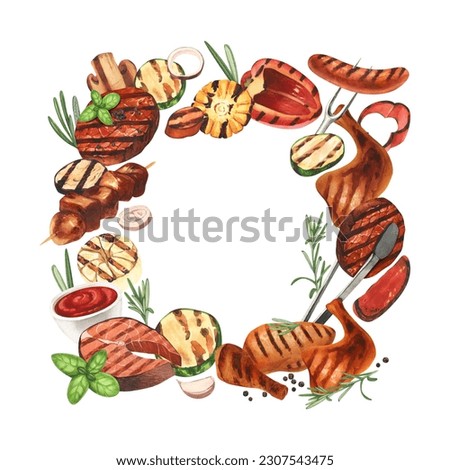 Watercolor frame barbecue. Elements for cooking bbq - grill, chicken and meat. Hand-drawn illustration isolated on white background. Perfect concept food menu, food drawing, design packing