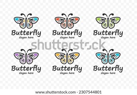 Abstract colored butterfly in stained glass window style vector design. Set of simple multicolored linear butterflies logo design
