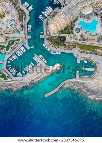 Aero Photography. View from flying drone. Panoramic cityscape of San Giljan. Malta aerial view.