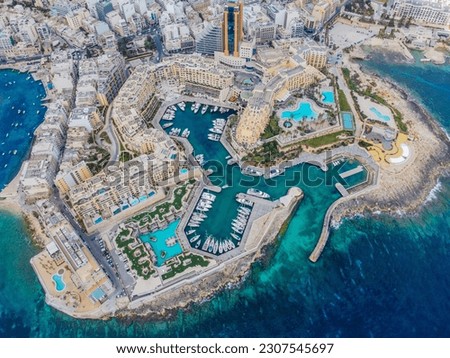 Aero Photography. View from flying drone. Panoramic cityscape of San Giljan. Malta aerial view.