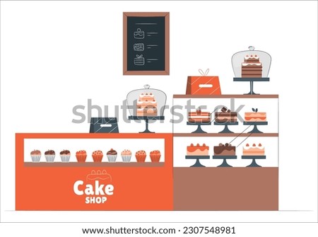 Empty bakery or cake shop with donuts, cakes, croissants, bread and sweets on a showcase. Shelves with pastry in a cafe. Cafeteria interior. Game design concept. Cartoon style vector illustration. Royalty-Free Stock Photo #2307548981