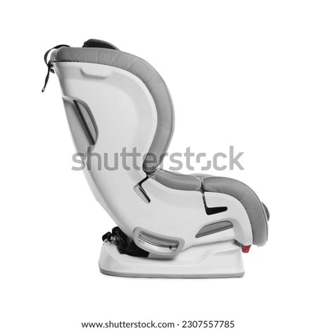 Empty modern child safety car seat on white background