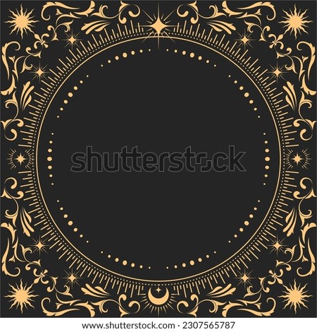 Ornamental mystic round frame with fancy pattern, tarot magic and astrology, border decor, vector Royalty-Free Stock Photo #2307565787