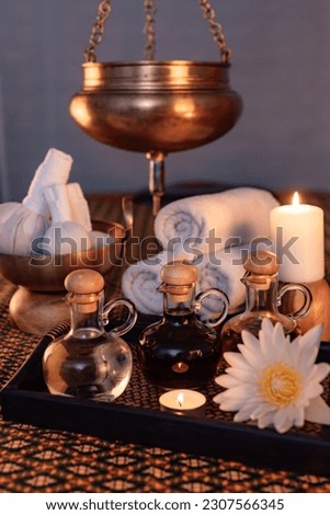 ayurvedic items for panchakarma, health maintenance, ancient vedic medicine Royalty-Free Stock Photo #2307566345
