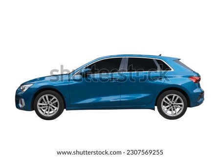 Passenger blue car isolated on a white background, with clipping path. Full Depth of field. Focus stacking, side view. Royalty-Free Stock Photo #2307569255