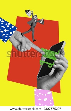 Vertical collage photo of weird strange unusual headless man bird instead of head make order in online shop isolated colorful background