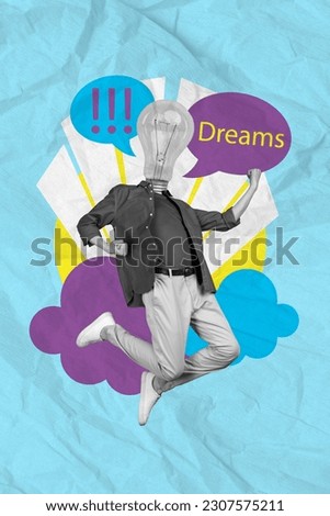 Vertical collage image of black white effect delighted guy jump raise fists light bulb instead head dreams come true isolated on paper blue background