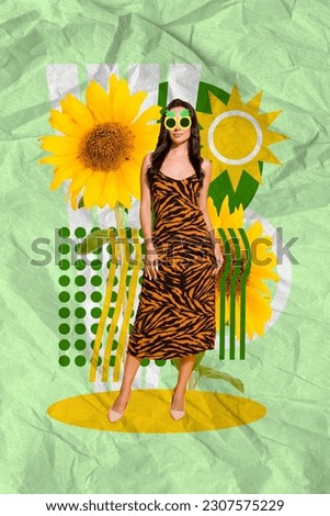 Vertical collage picture of elegant girl wear dress pineapple sunglass sun flowers isolated on paper green background