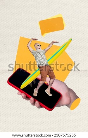 Creative graphics collage image of excited funky guy surfing modern device isolated colorful background