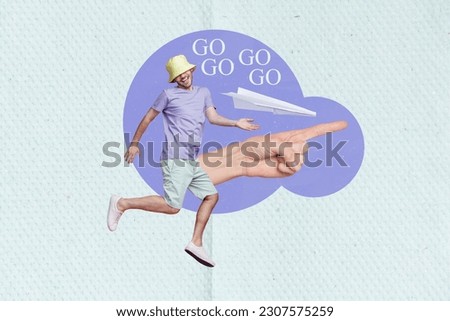 Artwork collage picture of funky cool guy going flight check in journey isolated drawing blue color background