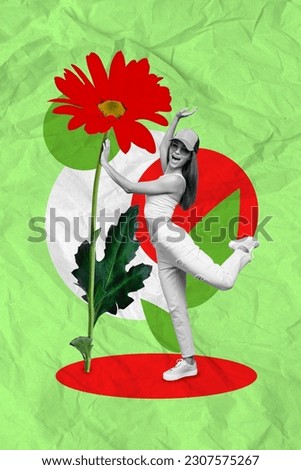Poster brochure collage of joyful cheerful girl hold big red flower celebrate spring shopping sales isolated on drawing green background