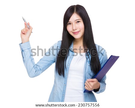 Woman with clipboard and pen up
