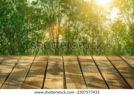 Empty wooden surface against  bright sunshine forest  background , display podium for product mockups 3d trade show display advertising, Natural blurred defocused background 