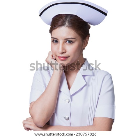 Young woman Asian nurse attractive beauty brunette in white background