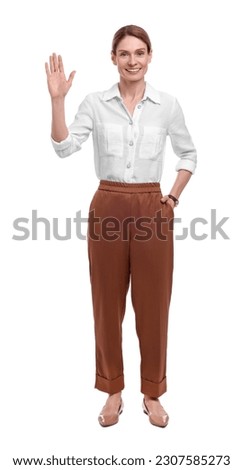 Beautiful happy businesswoman welcoming on white background