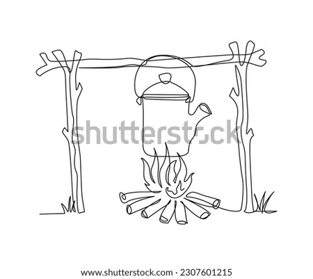 Continuous one line drawing of camping kettle over the bonfire. Bonfire and pot single line art vector illustration. Editable stroke.