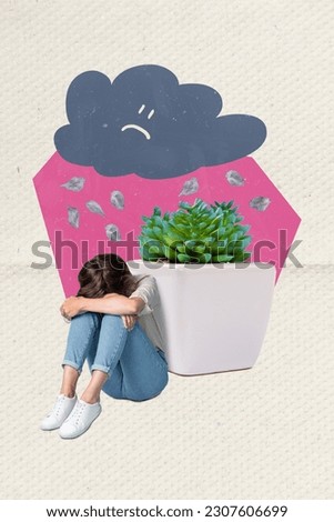 Creative photo graphics collage of crying lady having problems troubles raining cloud isolated drawing background
